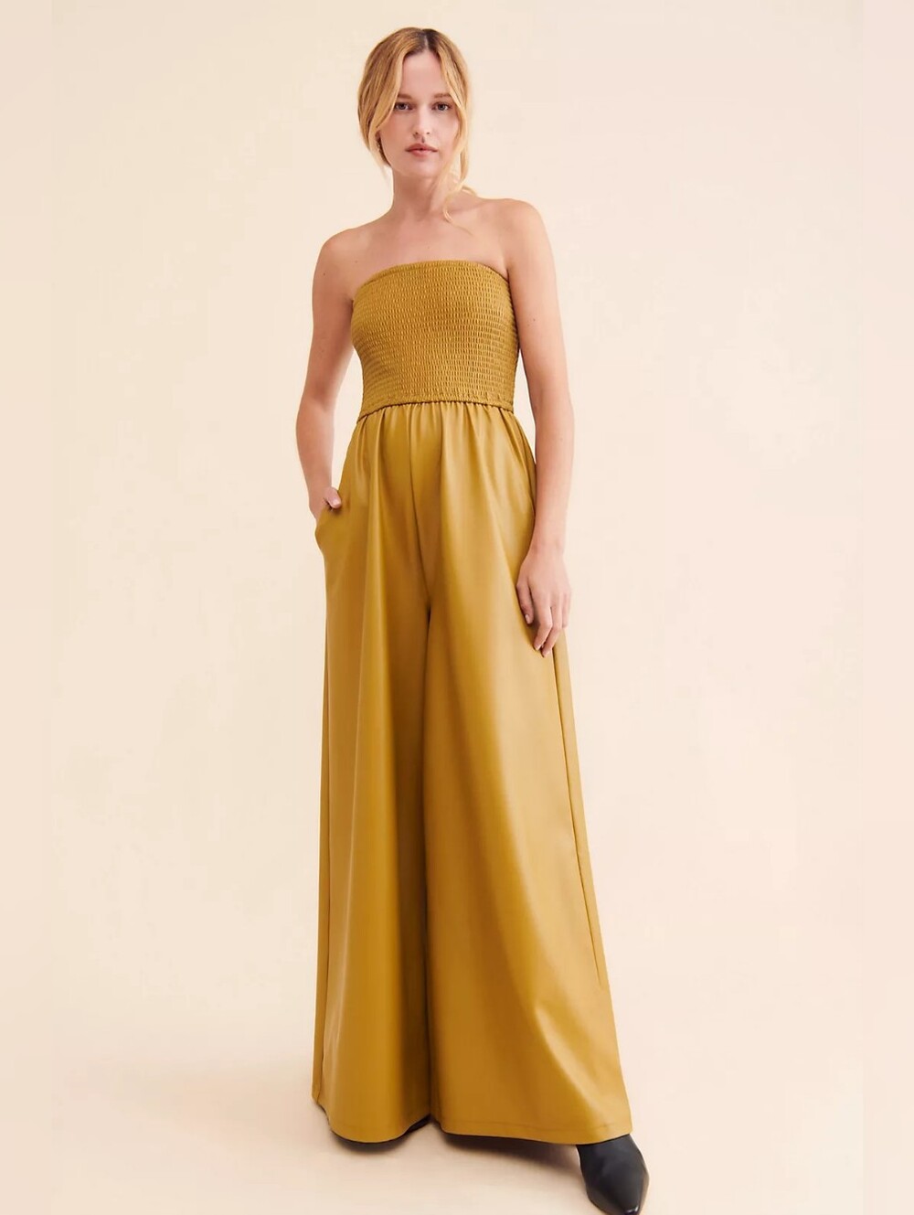 Pilcro Faux Leather Smocked Wide-Leg Jumpsuit Small